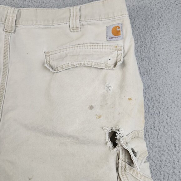 VTG CARHARTT Shorts Mens 38 Khaki Cargo Natural Distressed Y2K Thrashed Paint - Picture 10 of 10